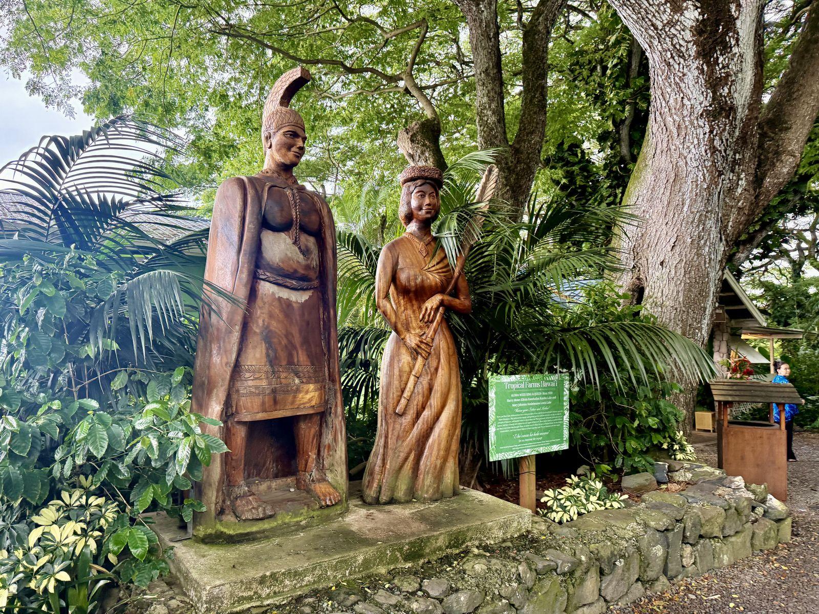 Carved wooden figures at the macadamia nut farm