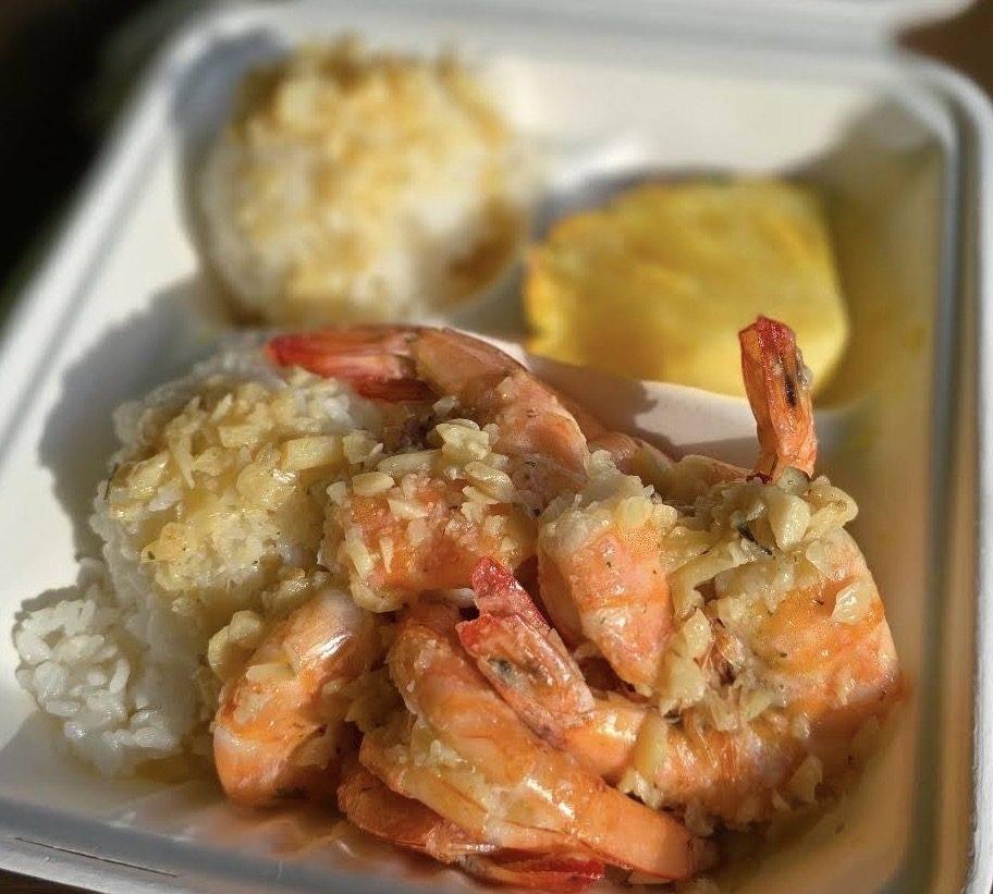 A plate of Tanaka garlic shrimp with rice